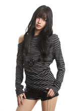 【25s Oct.】Retro Striped Off-shoulder Long-sleeved T-shirt