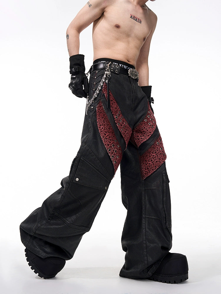【25s Jul.】Waxed Curved-Cut Mesh Panel Floor-Length Jeans