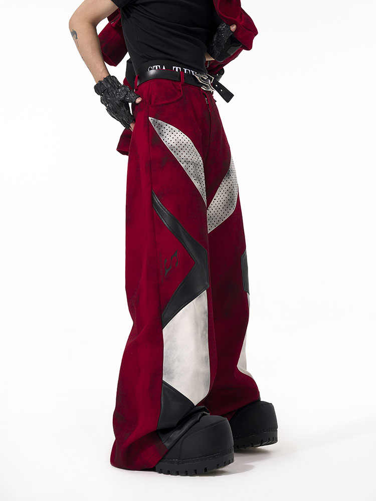 【25s Apr.】Dark Red Patchwork Leather Straps Dirty Dyed Denim Jacket+ Pants
