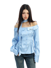 【26s Feb.】Korean Striped Off-Shoulder Waist-Fit Long-Sleeve Shirt