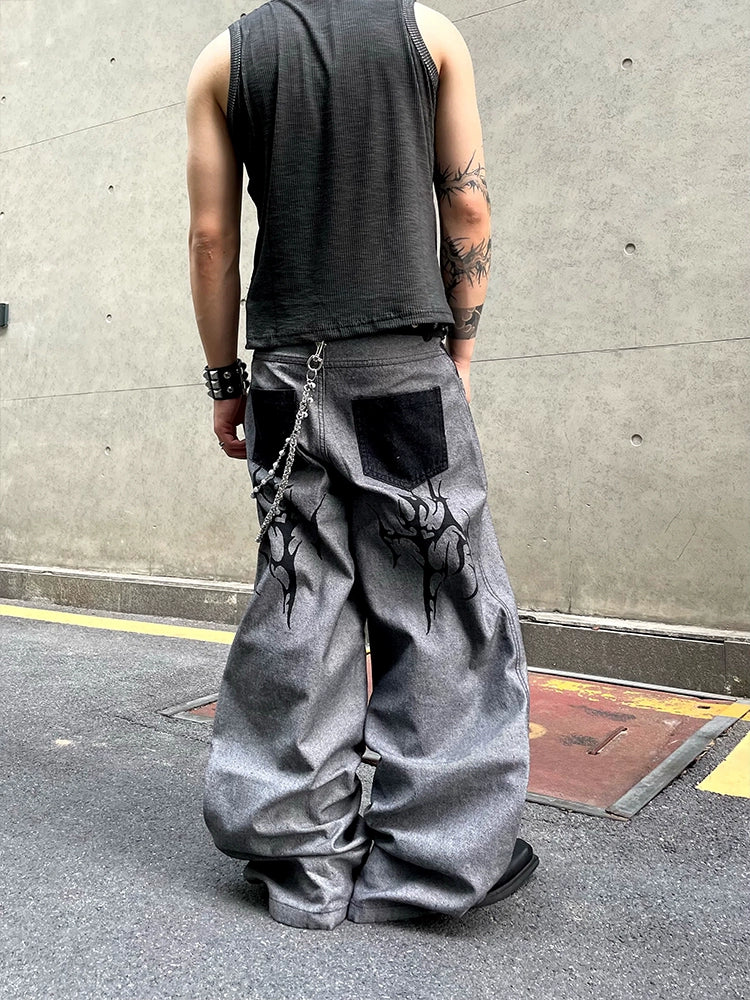 【25s Jun.】Vintage Washed Distressed Colorblock Thorn Print Jeans