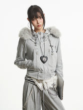 【25s Oct.】Vintage Grey Fur Collar Hooded Sweatshirt