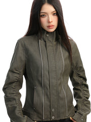 【25s Dec.】Washed Distressed Stand-up Collar Deconstructed Leather Jacket