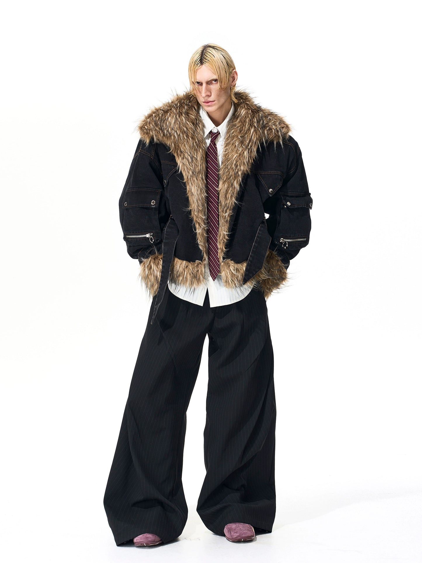 【25s Nov.】Fur-trimmed Denim Batwing Sleeve Jacket