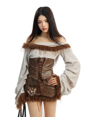 【25s Dec.】Hot Girl Fur Collar Off-shoulder Tie Top/ Leather Pants