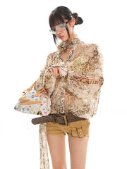 【25s Jul.】Leopard Print Ribbon Floral See-through Casual Shirt