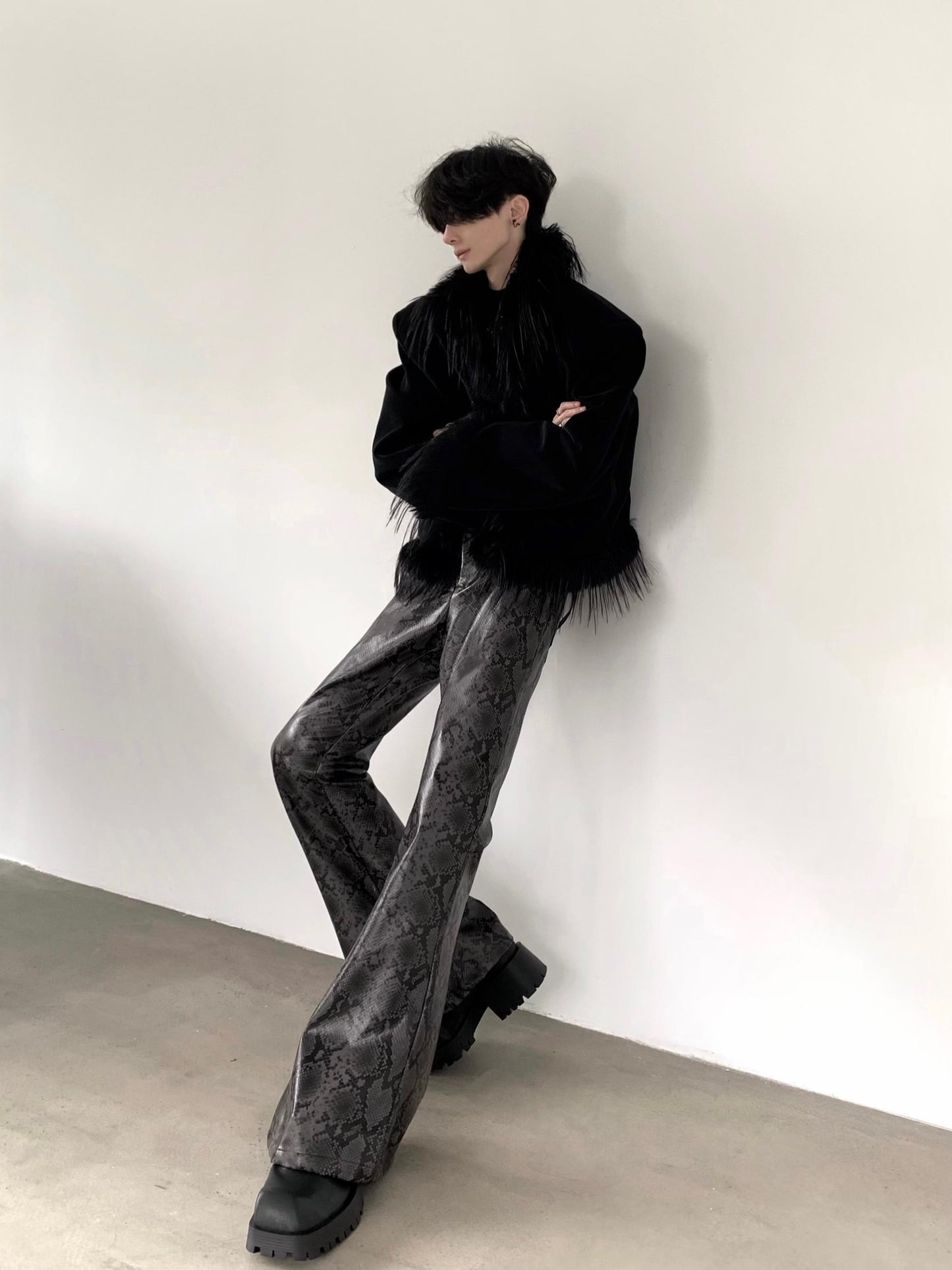 【25s Apr.】Retro High Waist Snakeskin Pattern Flared Leather Pants