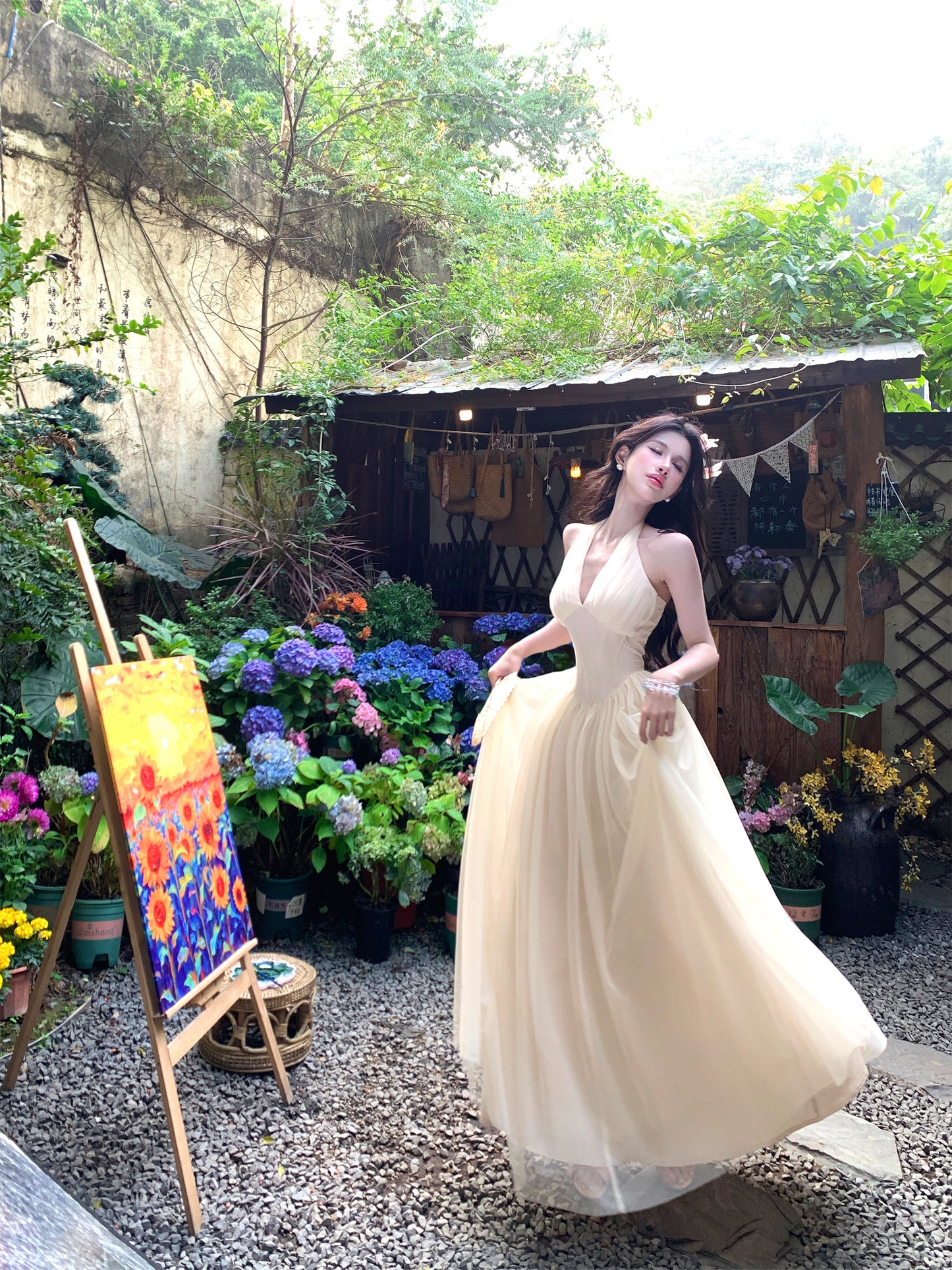 【25s Apr.】French Halter V-Neck Corset Waist Dress