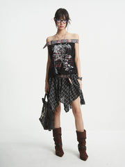 【25s Aug.】Plaid Patchwork Off-Shoulder Crop Top