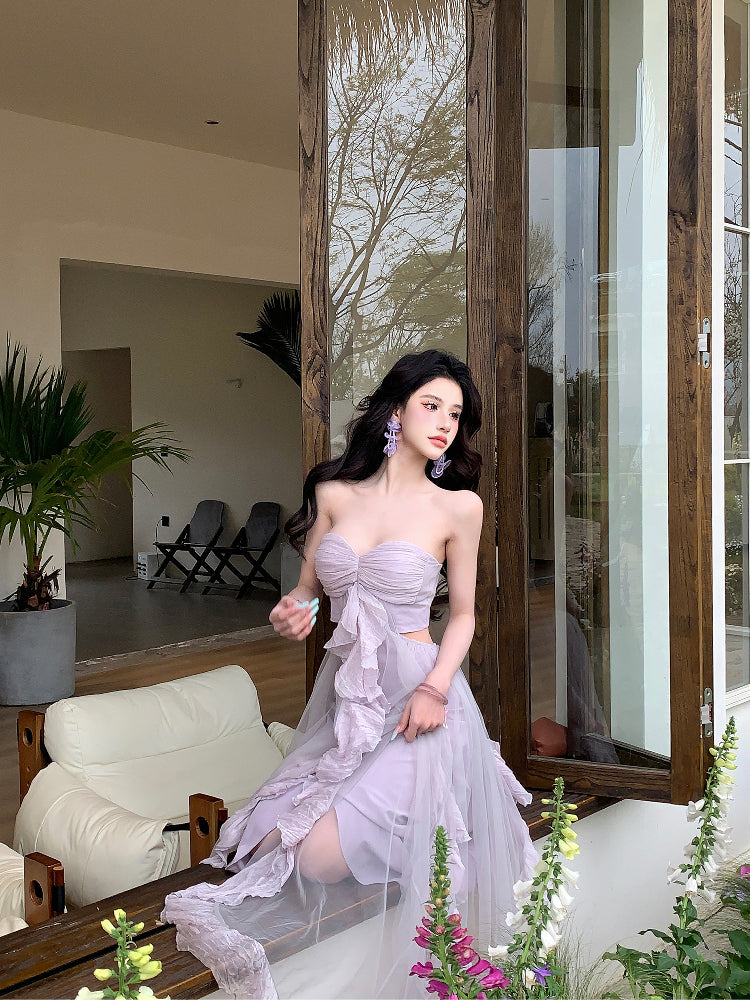 【25s Apr.】Lace Design Tube Top Waist Long Dress