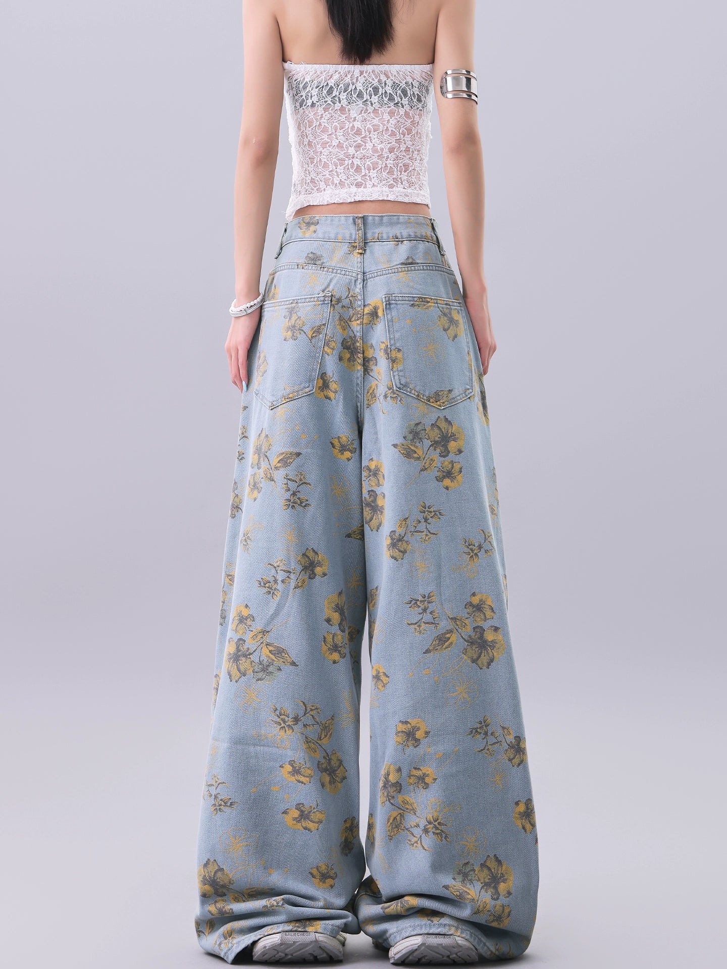 【25s Jul.】Vintage Printed Loose Draped Floor-Length Wide Jeans