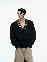 【25s Sep.】Diamond-embellished Diamond-patterned V-neck Sweater