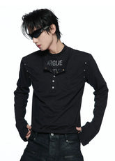Hand-Distressed Layered Henley Long Sleeve Top