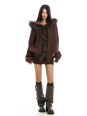 【25s Nov.】Large Fur Collar Patchwork Hooded Knit Sweater