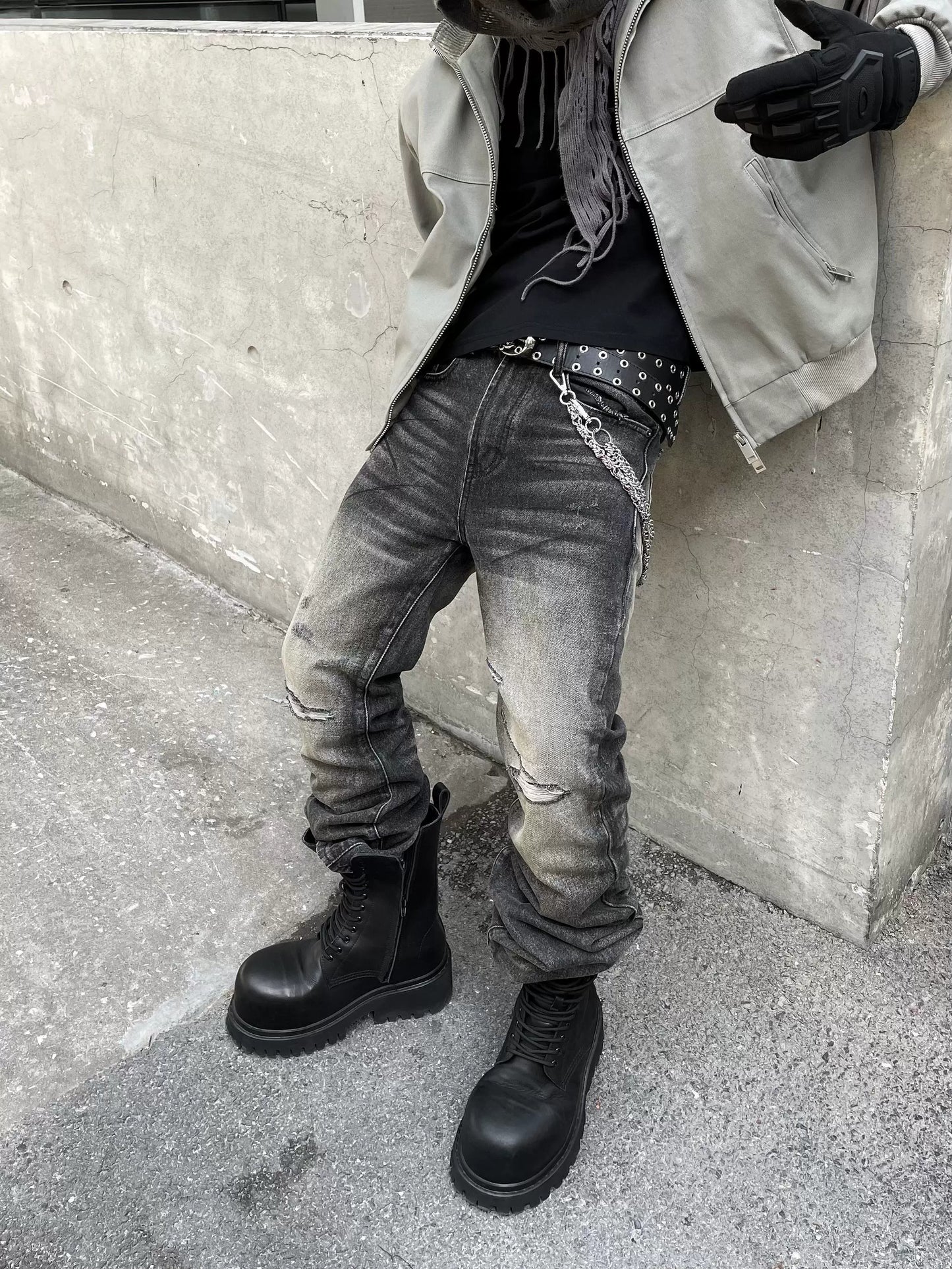 【25s May.】Street Style Distressed Straight-Leg Jeans