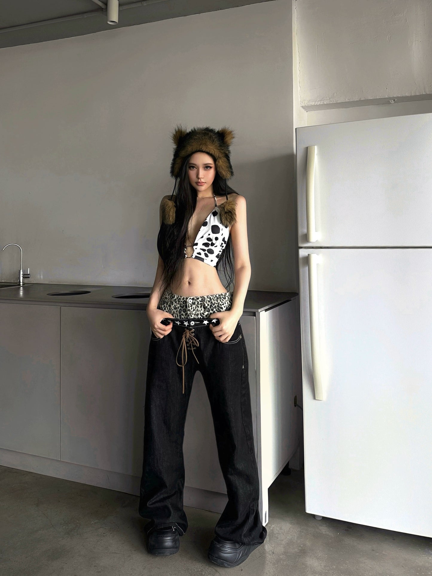 【25s Aug.】Leopard Print Double-Waist Curved Blade Jeans