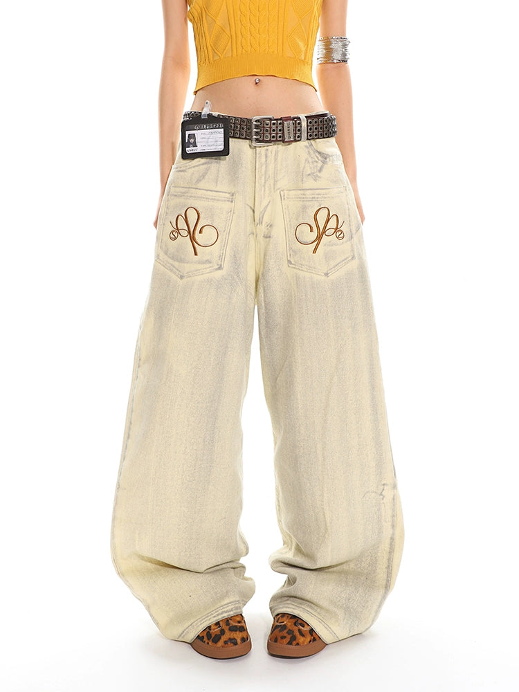 【25s May.】Grunge Wash Embroidered Wide Leg Jeans