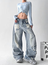 【25s Aug.】Vintage Blue Distressed Washed Loose Wide-Leg Jeans