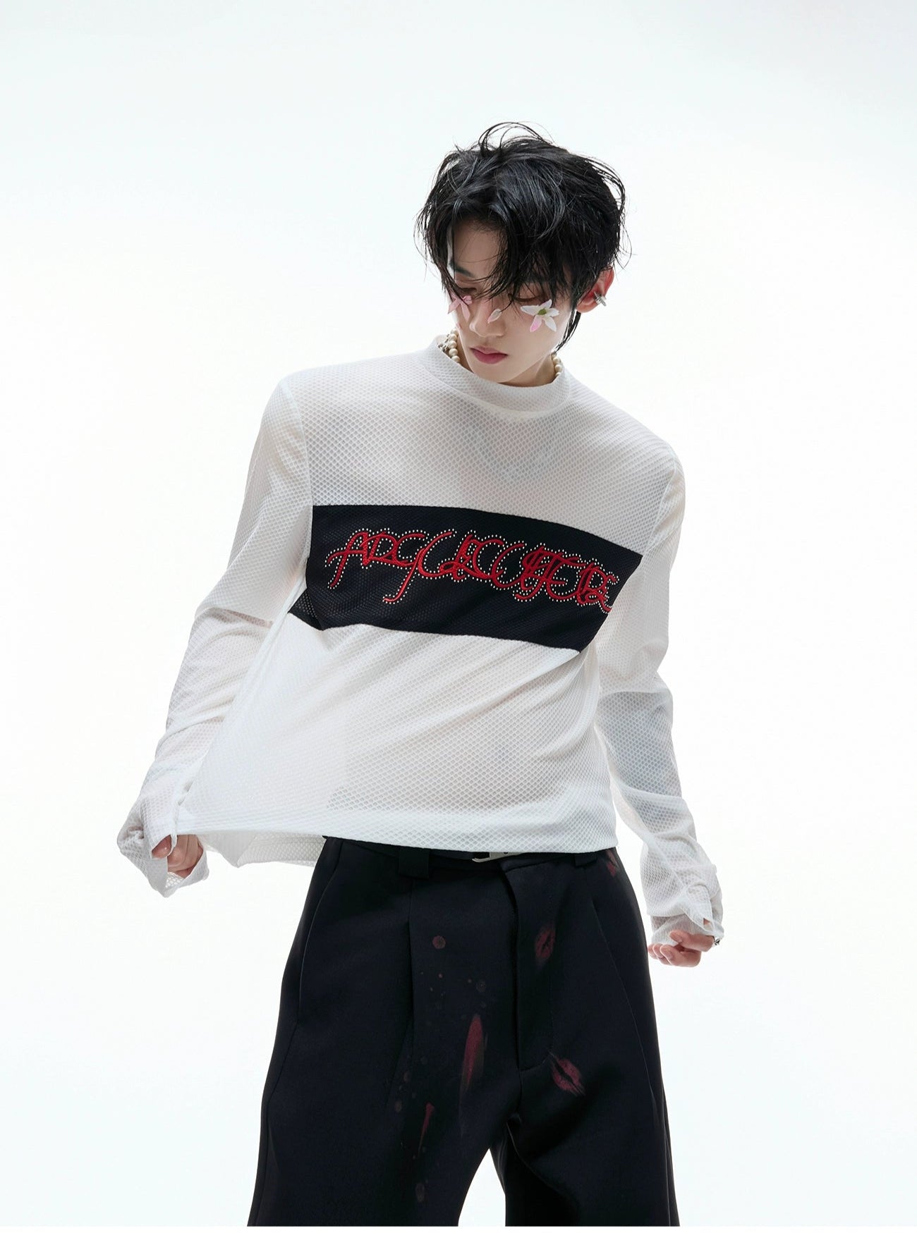 【25s Aug.】Mesh Elastic Slim Fit Embroidered Bottoming Shirt