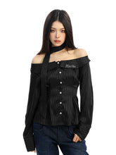 【26s Feb.】Korean Striped Off-Shoulder Waist-Fit Long-Sleeve Shirt