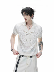 Openwork Embroidered Knit Polo Tee