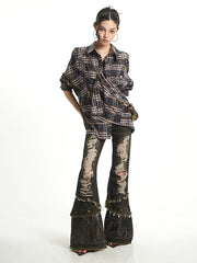 【25s Sep.】Zip-Up Hollow Plaid Loose Shirt