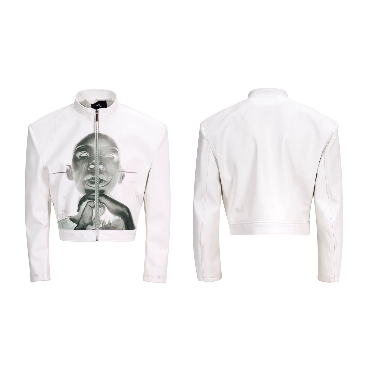 【25s Oct.】Portrait Print Cropped Leather Jacket