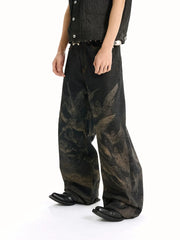 【26s May】Laser Burn Pattern Baggy Raw Denim Pants
