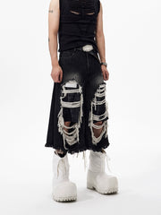 【25s Jul.】Distressed Patchwork Black Cropped Denim Pants