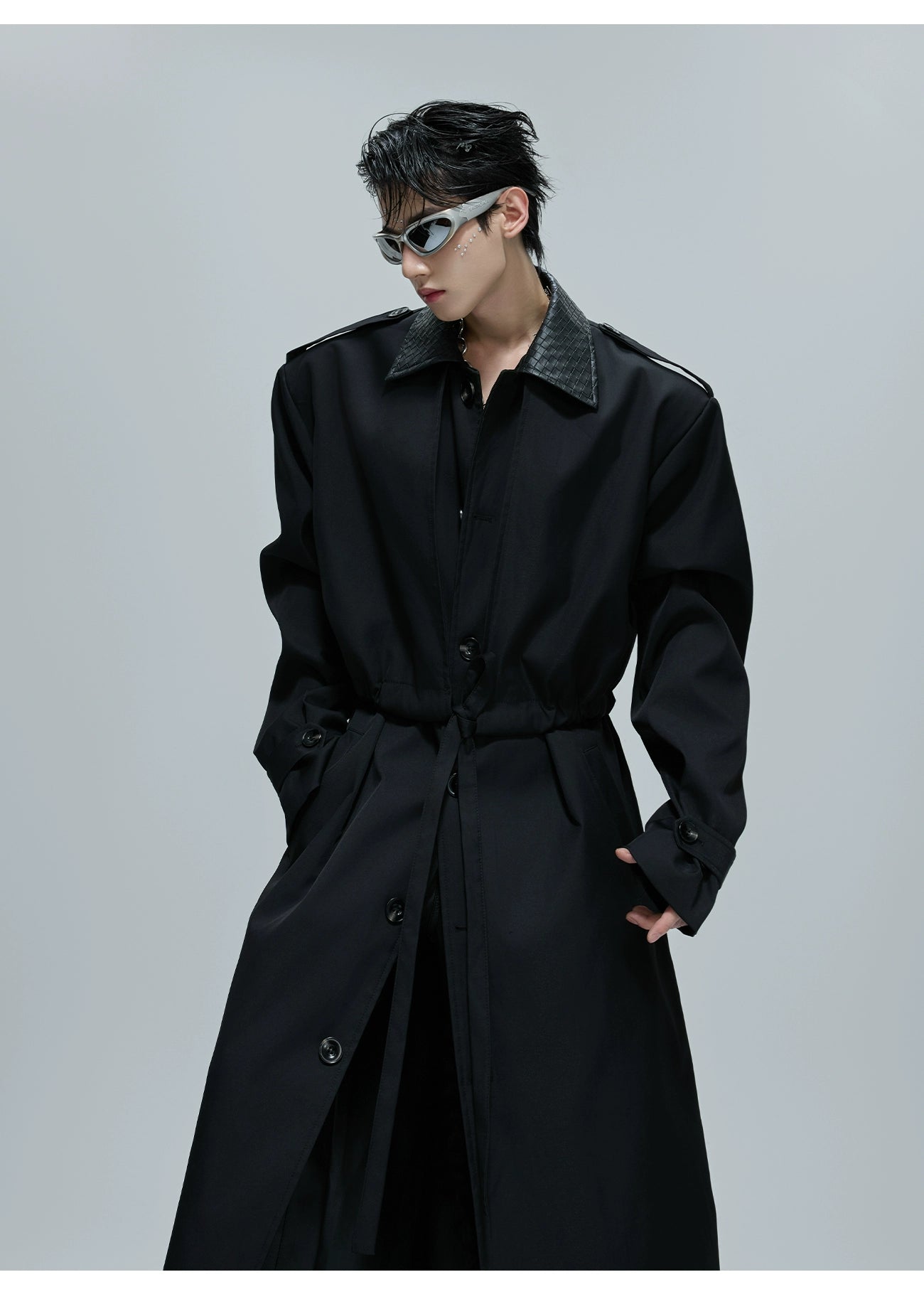 【25s Nov.】Long Patchwork Leather Casual Trench Coat