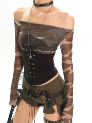 【25s Jun.】Mesh Cinched Tie Street Off-Shoulder Top