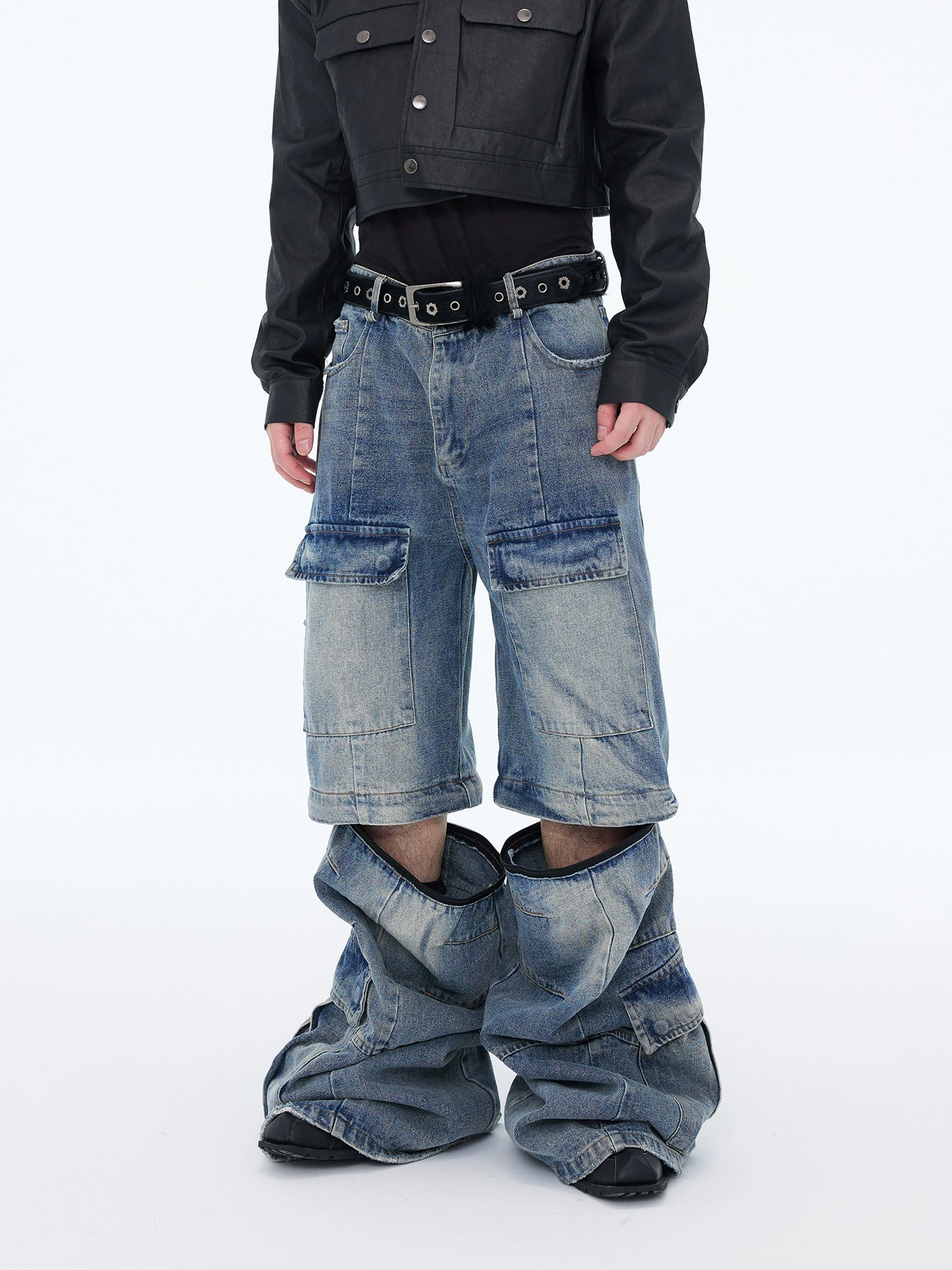 【25s Aug.】Washed Detachable Multi-Pocket Wide-Leg Jeans