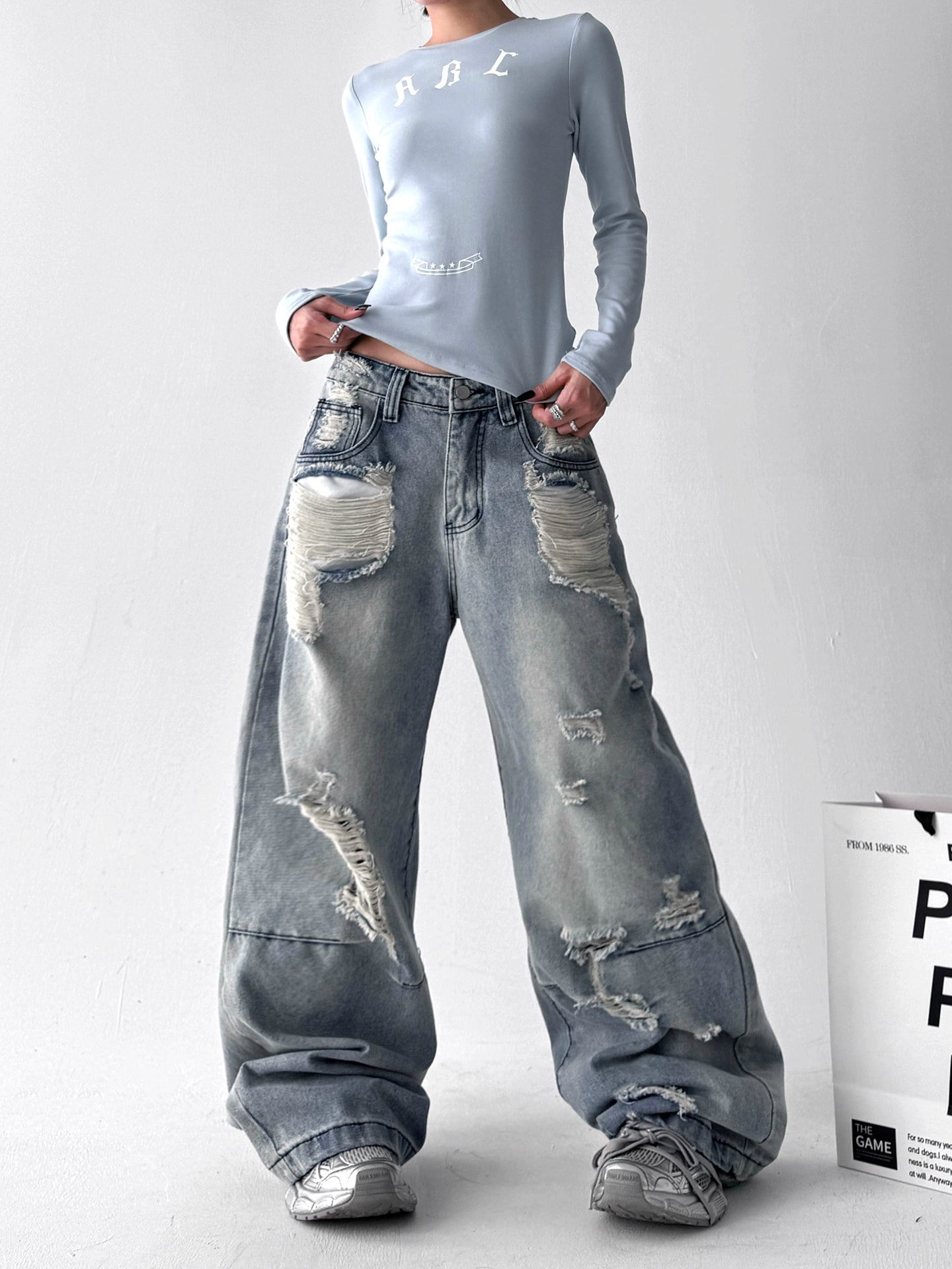 【25s Aug.】Vintage Blue Distressed Washed Loose Wide-Leg Jeans
