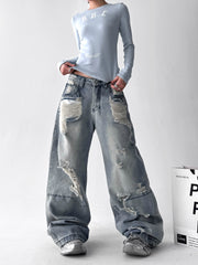 【25s Aug.】Vintage Blue Distressed Washed Loose Wide-Leg Jeans