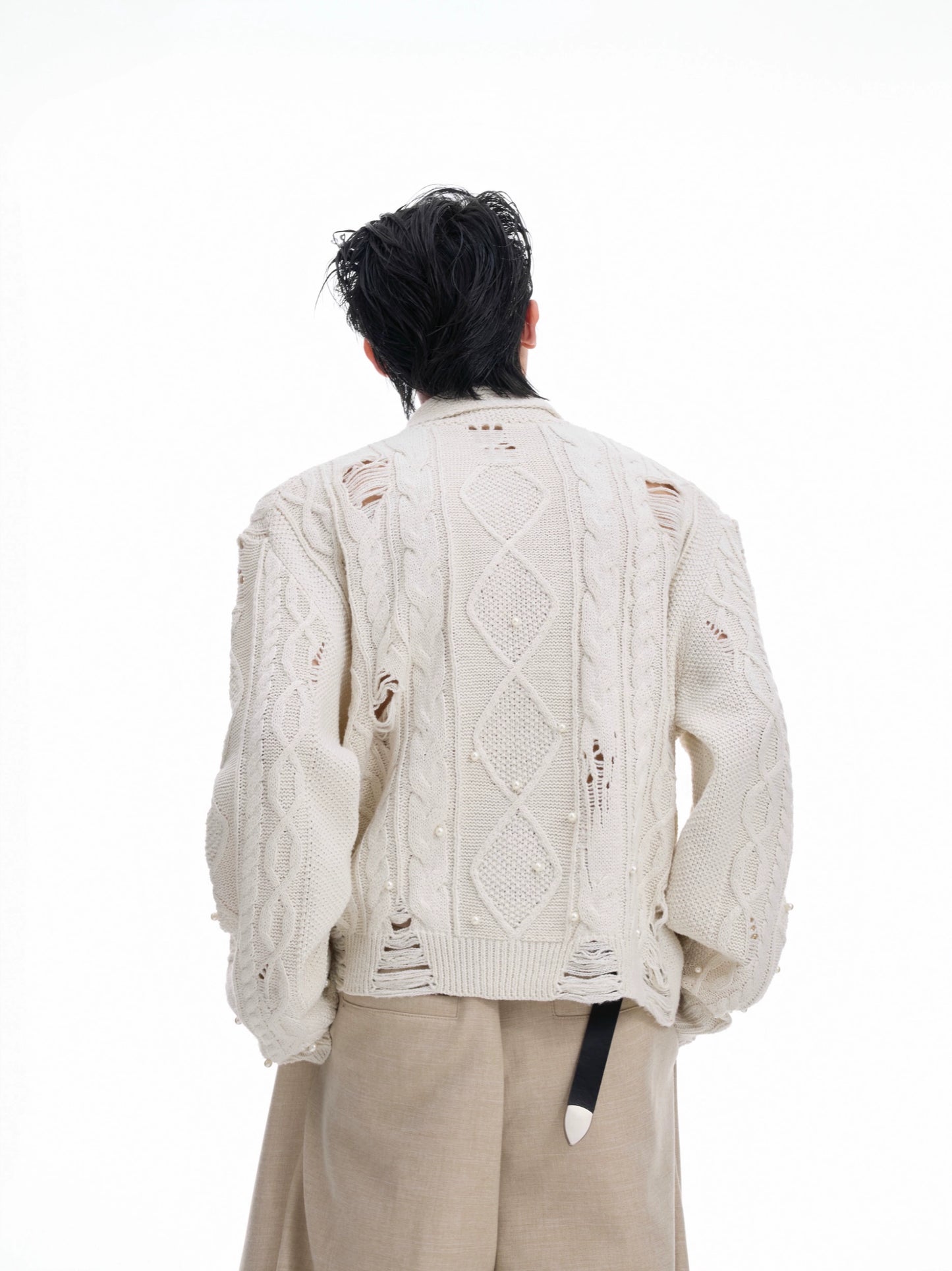 【25s Aug.】Pearl Detail Knit Hollow-Out Cardigan