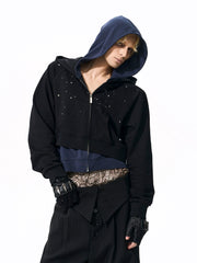 【25s Nov.】Rhinestone-studded Diagonal Zipper Short Printed Jacket