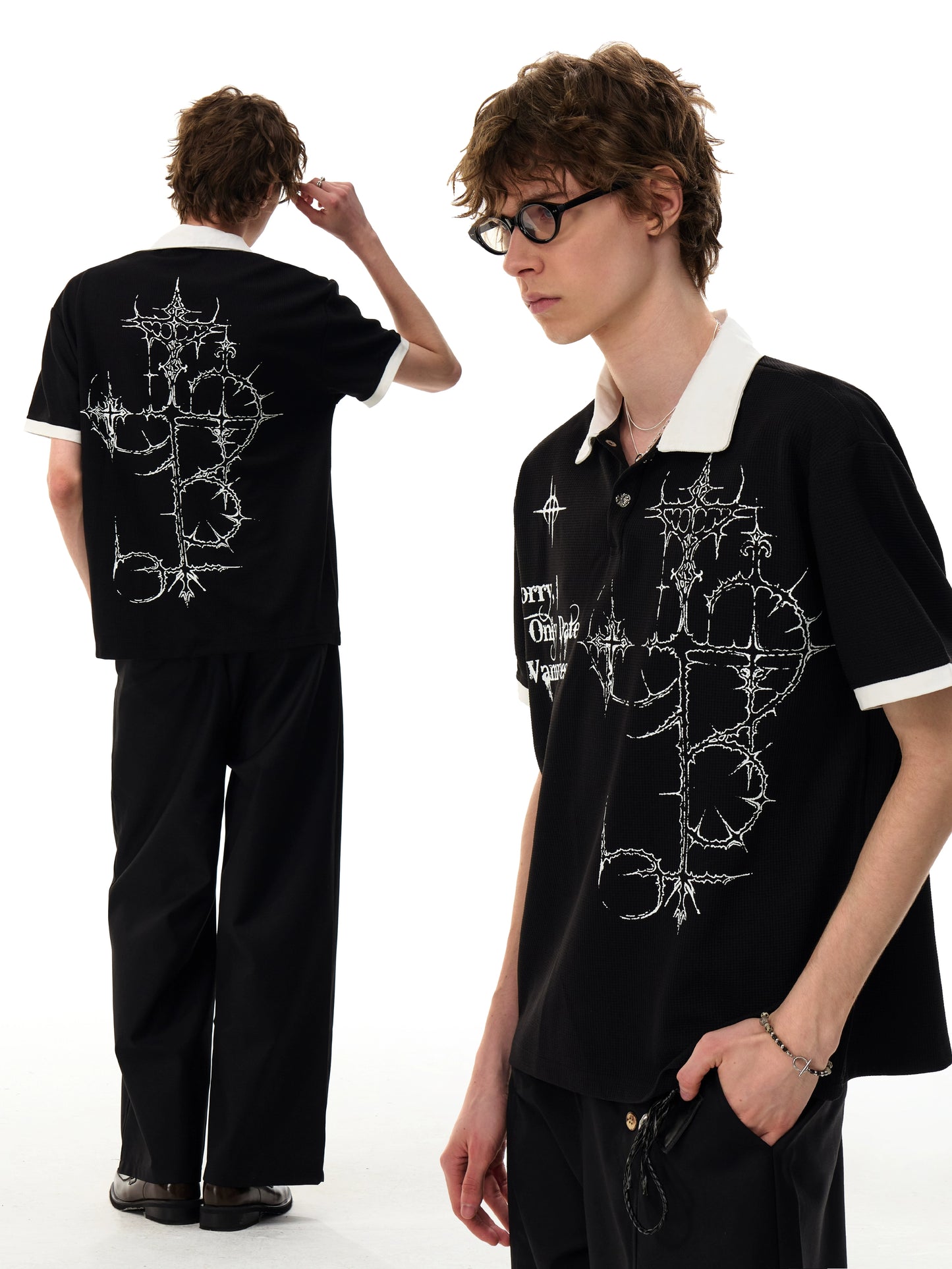 【25s Aug.】Gothic Print Polo Waffle Knit Short Sleeve