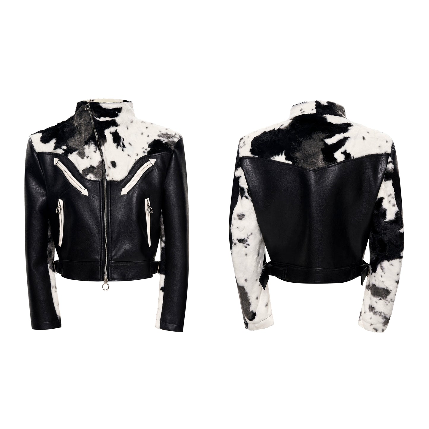 Cow Print Diagonal Zipper Plush Patchwork Leather Jacket