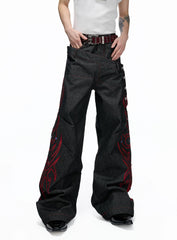 Black Red Raw Denim Embellished Jeans