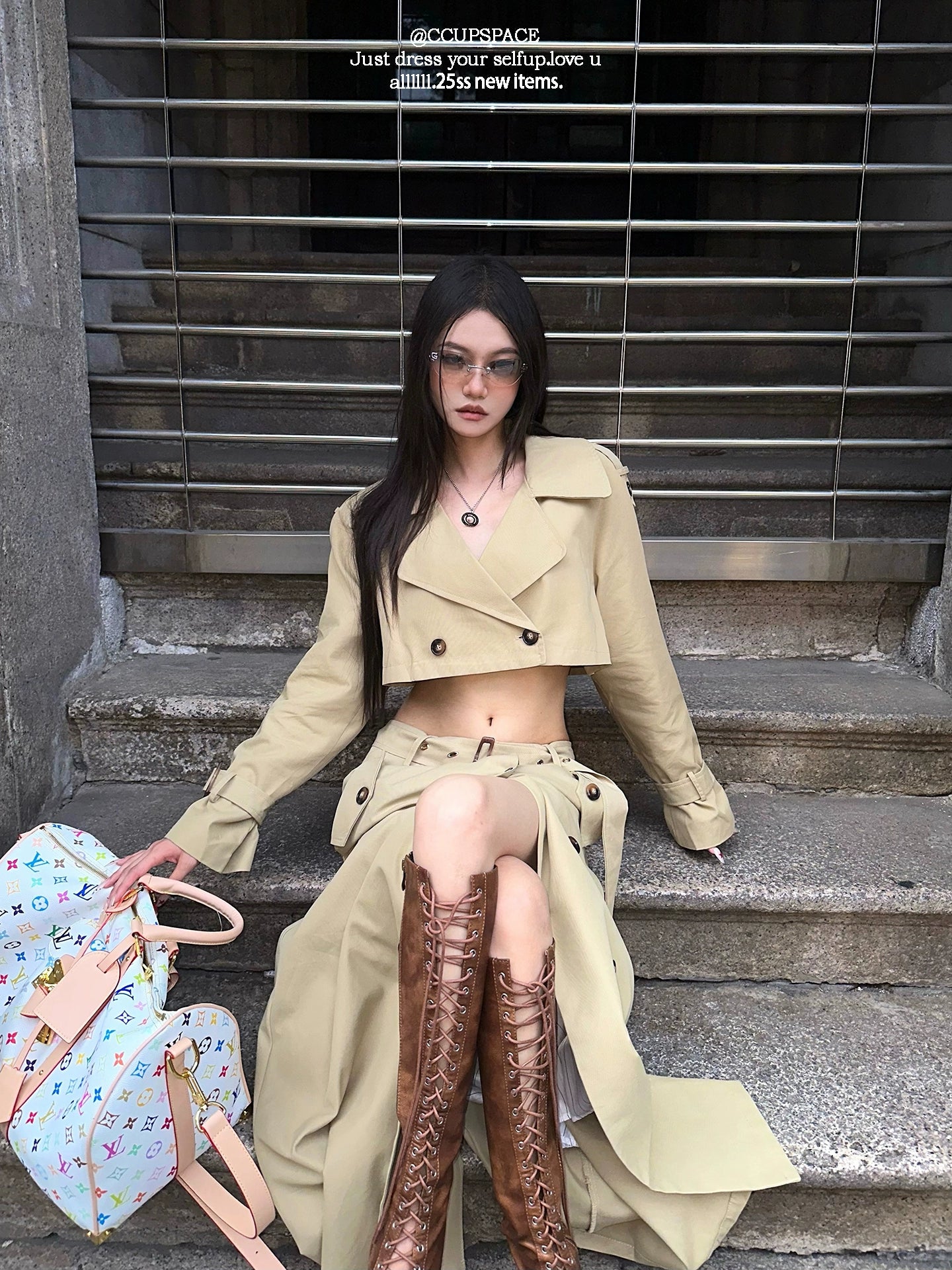 Elegant Khaki Short Trench Coat + Skirt Set