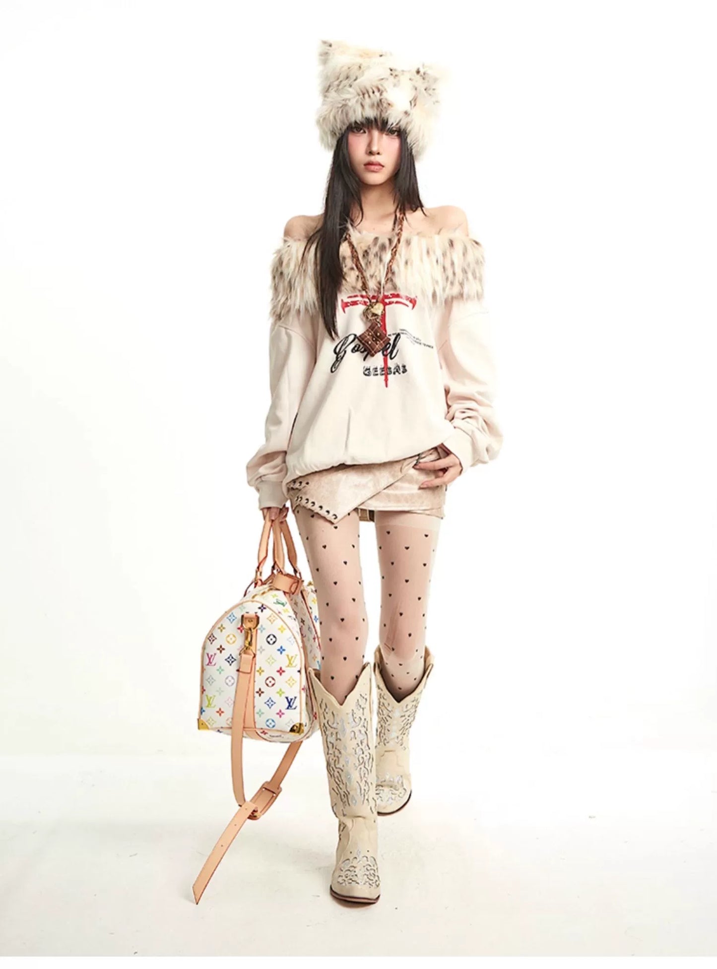 【25s Sep.】Vintage Off-the-shoulder Fur Collar Sweatshirt
