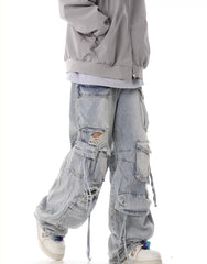 【25s Jul.】Heavy Washed Ripped Multi-pocket Jeans
