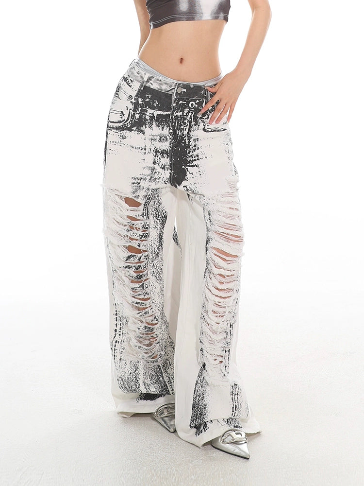 【25s May.】Tie-Dye Graffiti Ripped Wide Leg Jeans