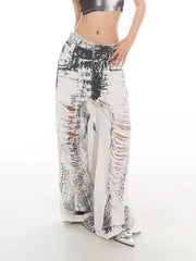 【25s May.】Tie-Dye Graffiti Ripped Wide Leg Jeans