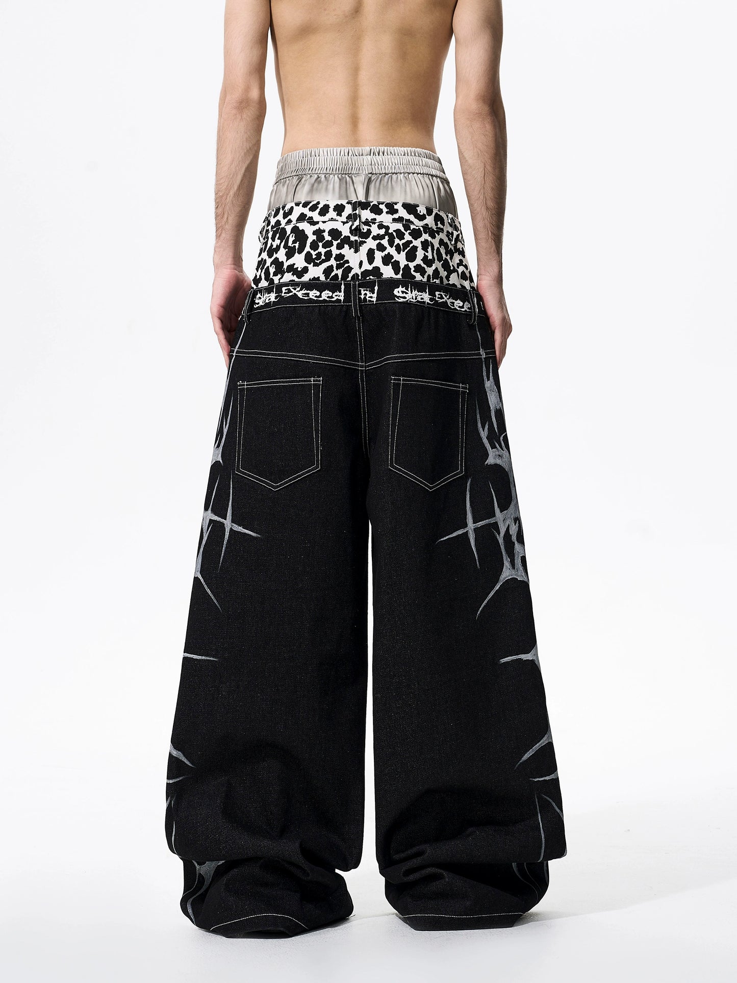 Hand-painted Thorn Leopard Print Double Waistband Jeans