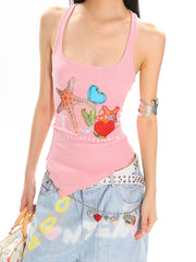 【25s Jun.】Starfish Rhinestone Lace Hollow-Out Asymmetrical Hem Tank Top
