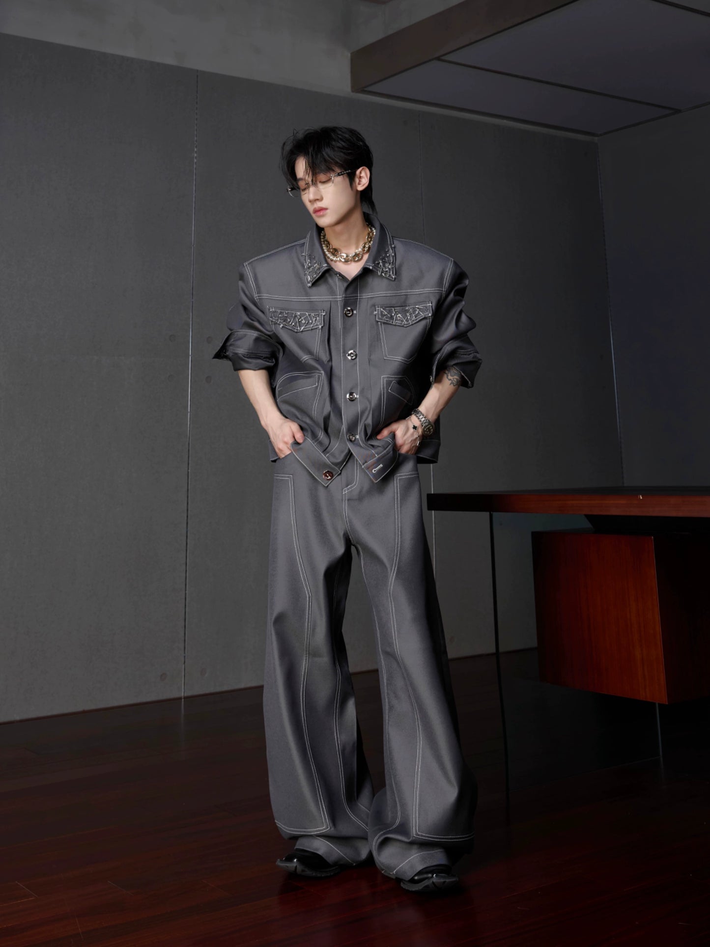 【25s Aug.】Pin Design Short Style Elegant Bright Lines Casual Jacket / Pants