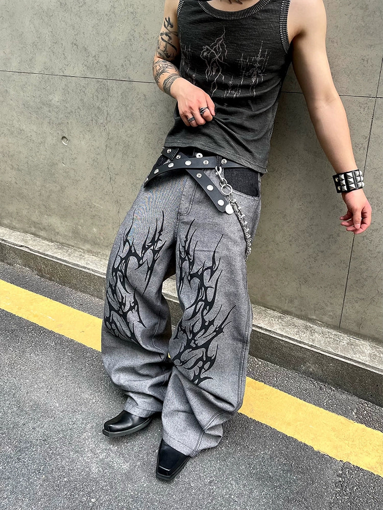【25s Jun.】Vintage Washed Distressed Colorblock Thorn Print Jeans