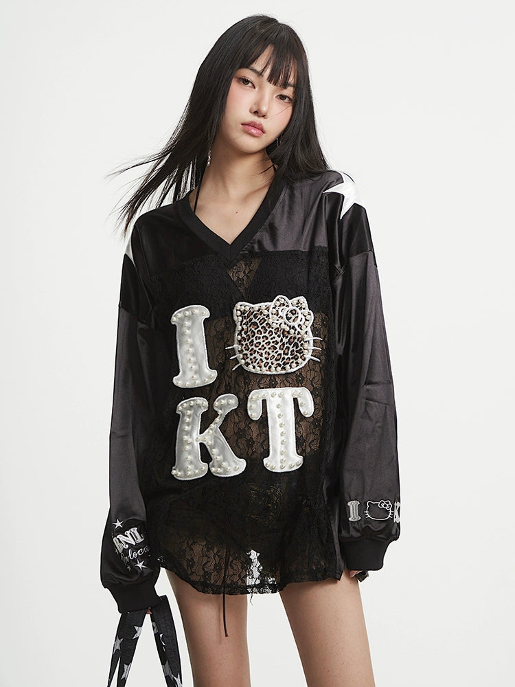 【25s Aug.】Loose V-neck Lace Pearl Stitching Long Sleeves