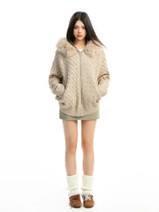 【25s Dec.】Detachable Fur Collar Cable Knit Hooded Sweater